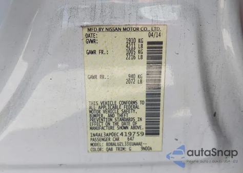 2014 Nissan Altima 2.5 Sv z USA, uszkodzony, nr VIN 1N4AL3AP0EC419759